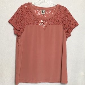 Anne Klein Rose Gold Lace Short Sleeve Tee, Size M
